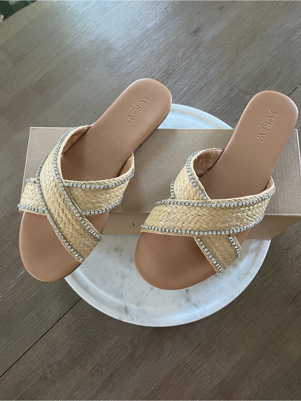 J. Crew Tan Raffia Crisscross Slide Sandals with Crystal Embellishments